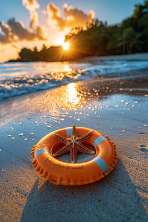 Behold a mesmerizing snapshot of nature&#39;s symphony at dawn A vibrant starfish rests upon the sandy shore, illuminated by the golden rays of sunrise Ocean waves gently lap at the shore, reflecting the radiant sky The serene coastal ambiance invites tranquility, making this image a haven for beach lovers and nature enthusiasts alike AI Generativeの素材