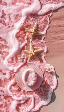 Immerse yourself in the enchanting allure of this surreal pink beach, where shimmering foam waves gently embrace delicate starfish and a chic beach hat This captivating coastal masterpiece evokes the ultimate summer vibes, transporting you to a tranquil seaside paradise Its unique beauty makes it an irresistible destination for travel enthusiasts, beach lovers, and anyone seeking a breathtaking glimpse of the ocean&#39;s magic AI Generativeの素材