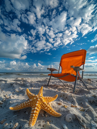 Escape to the seaside paradise of a vibrant beach day, where the azure sky and sandy shore meet harmoniously A vibrant orange chair beckons you to relax amidst the coastal serenity, while a delicate starfish adds a touch of natural beauty The dramatic cloudscape above creates a captivating backdrop of coastal relaxation and tranquility AI Generativeの素材