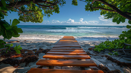 A secluded boardwalk meanders through verdant foliage, guiding you to a pristine ocean haven Crystal-clear waters beckon beneath a cerulean sky, inviting you to embrace the tranquility of this tropical paradise Lush greenery frames the idyllic scene, creating a serene sanctuary for relaxation and unforgettable vacations AI Generativeの素材