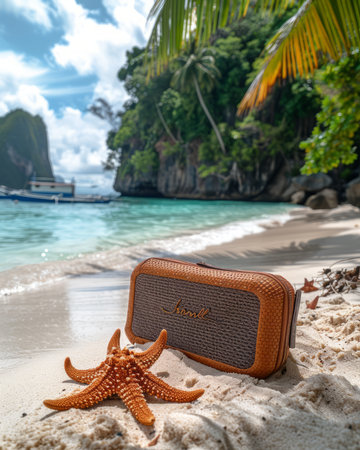 Escape to a tropical paradise with this breathtaking image of a pristine beach adorned with vibrant starfish, majestic palm trees, and a luxurious accessory case The crystal-clear blue waters extend to the horizon, inviting you to immerse yourself in its allure Set on the sugar-white sands, this scene encapsulates the essence of an exotic island retreat and the allure of coastal serenity AI Generativeの素材