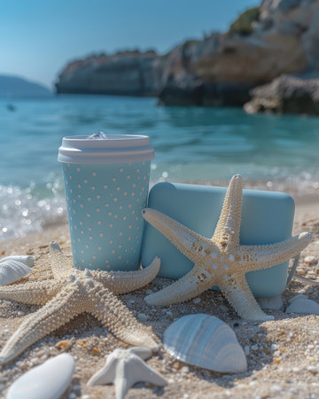 Indulge in a serene coastal canvas where golden rays caress white sands, casting ethereal hues on crystal-clear waters A delicate starfish adorns the foreground, epitomizing tranquility, while the aroma of freshly brewed coffee wafts through the gentle ocean breeze Rugged cliffs stand as majestic guardians, framing the idyllic scene with their earthy presence Lose yourself in the perfect harmony of relaxation and nature&#39;s beauty AI Generativeの素材