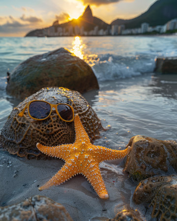 A solitary starfish adorns stylish sunglasses as it lounges on a sun-drenched tropical beach Coastal rocks and crashing waves provide a dramatic backdrop, while the warm glow of sunset casts a golden hue over the scene AI Generativeの素材