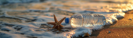 This evocative image captures the environmental impact of plastic pollution on coastal ecosystems Plastic bottles and marine life collide at sunset, highlighting the devastating consequences of human waste on the delicate balance of nature The serene beauty of the shoreline contrasts with the harsh reality of plastic pollution, making a powerful statement about the urgent need for change AI Generativeの素材