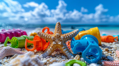 Immerse yourself in the vibrant marine ecosystem of the beach, where colorful starfish and intricate seashells dance amidst the golden sand The rhythmic ocean waves provide a calming backdrop, while the cloudy sky adds an ethereal ambiance to this seaside paradise Embark on a coastal adventure, where exploration and relaxation seamlessly intertwine, creating a captivating and serene experience AI Generativeの素材
