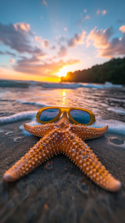 A serene seascape where a vibrant starfish, bedecked in stylish sunglasses, lounges on a sandy shore, embodying the tranquility of a coastal sunset The ethereal glow of the golden hour bathes the starfish and its surroundings, creating a captivating blend of relaxation and natural beauty The tranquil waters and soft waves amplify the sense of serenity, making this image a perfect representation of coastal bliss AI Generativeの素材