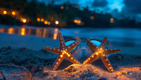 Capture the magic of an enchanting seaside evening in this captivating image Illuminated starfish emit a warm glow against the soft sand, casting a celestial spell on the picturesque beach As darkness descends, the ocean transforms into a canvas of twinkling lights, creating a breathtaking backdrop The soft whisper of waves and the gentle caress of the sea breeze complete this serene and unforgettable evening by the shore AI Generativeの素材