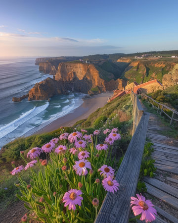 Escape to a tranquil coastal paradise where vibrant wildflowers dance along majestic cliffs as the sun paints the sky with hues of gold Serene ocean waves whisper secrets while the camera captures nature&#39;s symphony, creating a masterpiece that evokes serenity and aweâan irresistible allure for nature lovers and wanderlust spirits AI Generativeの素材