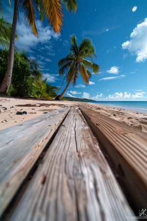 Immerse yourself in a tropical paradise with this captivating photo A wooden pathway meanders through powdery white sand, beckoning you towards majestic palm trees that sway gently in the warm breeze The crystal-clear water whispers secrets to the shore, while the endless blue sky above paints a serene canvas This idyllic beach invites you to escape into a world of tranquility and beauty, where nature&#39;s symphony soothes your soul AI Generativeの素材