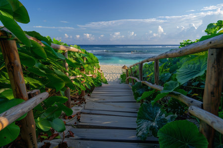 Embark on a serene journey along a picturesque beach pathway, enveloped by vibrant greenery and leading to the azure embrace of a crystal-clear ocean The tranquil sky paints a canvas of serenity, while the soft, inviting sand whispers promises of blissful summer escapes This tropical paradise is your ultimate vacation sanctuary, inviting you to lose yourself in the beauty of nature&#39;s masterpiece AI Generativeの素材