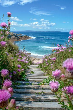 Escape to a breathtaking coastal haven where a meandering pathway weaves through a vibrant meadow, leading you to a panoramic ocean vista Immerse yourself in the symphony of colors as wildflowers dance in the breeze, creating a vibrant tapestry underfoot As you approach the shore, the rhythmic sound of crashing waves serenades your senses, completing the idyllic beach destination for nature enthusiasts and photographers seeking tranquility and vibrant seaside landscapes AI Generativeの素材