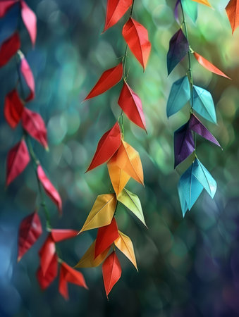 Captivating origami leaves in a vibrant symphony of colors dance against a blurred bokeh backdrop These exquisite paper sculptures embody the essence of creativity, art, and design Suspended in mid-air, they showcase the meticulous craftsmanship and artistic flair of their creator, inviting viewers to marvel at the intricate beauty of folded paper AI Generativeの素材