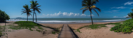 This captivating panoramic capture showcases an idyllic tropical beach, where towering palm trees sway gently against a breathtaking blue sky The crystal-clear ocean waves gently caress the tranquil shoreline, creating a soothing melody As you wander along the serene wooden pathway, surrounded by lush greenery, serenity and relaxation envelop you, inviting you to immerse yourself in the tranquility of this coastal paradise AI Generativeの素材