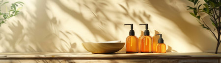 Tranquil and serene bathroom shelf bathed in warm sunlight Natural skincare products and a ceramic bowl rest on the shelf, creating a spa-inspired atmosphere Shadows of greenery dance across the wall, adding a touch of nature&#39;s tranquility to the space AI Generativeの素材