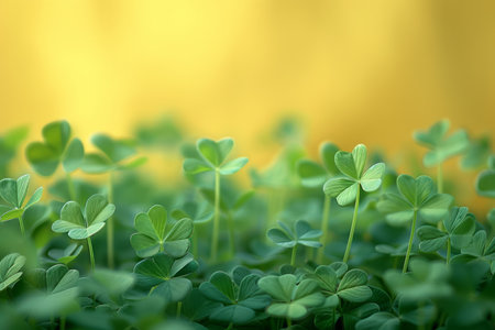Immerse yourself in nature&#39;s charm with an enchanting close-up of lush green clover leaves Blurred warm yellow background creates an ethereal glow, symbolizing luck and the radiant beauty of the natural world Capture the essence of good fortune and tranquility in this captivating image AI Generativeの素材