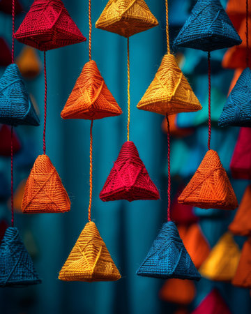 Capture the intricate beauty of handcrafted hanging ornaments, illuminated by vibrant threads of red, orange, and blue Showcase traditional craftsmanship and artistic elements through a high-definition image, highlighting the unique and colorful nature of these decorative accents AI Generativeの素材