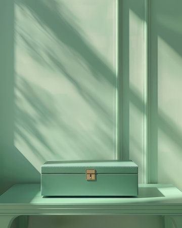 Adorn your space with grace and tranquility In a sunlit minimalist room, an elegant light green jewelry box emanates serenity Its sleek lines blend seamlessly with the soft hues, creating a harmonious sanctuary for your precious trinkets Immerse yourself in the calming ambiance of natural light and understated sophistication AI Generativeの素材