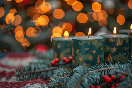 Immerse yourself in the enchanting festive spirit with this captivating image Warm, flickering candles illuminate the scene, casting a cozy glow on evergreen branches that evoke the timeless charm of the holiday season Mesmerizing bokeh light effects dance in the background, adding a touch of magic and wonder to this inviting and festive decoration setting AI Generativeの素材