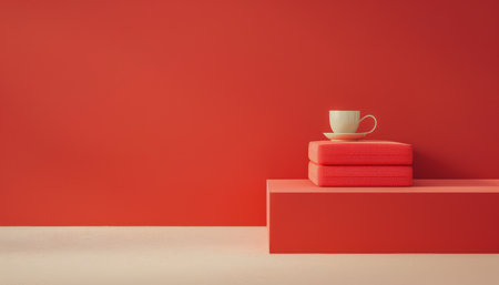 In this minimalist haven, a vibrant red expanse frames a solitary white cup Geometric platforms elevate the cup, creating a serene and uncluttered composition The absence of clutter and the clean lines evoke a sense of simplicity and tranquility, showcasing the beauty of modern design and the power of negative space AI Generativeの素材