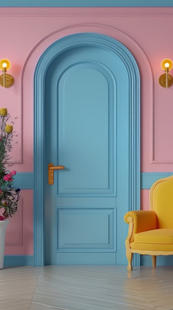 Step into a vibrant sanctuary where a captivating door painted in vibrant pink and soft blue hues welcomes you The walls whisper of pastel serenity, creating a soothing backdrop for the elegant yellow armchair that exudes a warm embrace A vibrant floral arrangement in soft pink and ivory adds a touch of freshness, bringing the outdoors in for a harmonious and inviting living space AI Generativeの素材