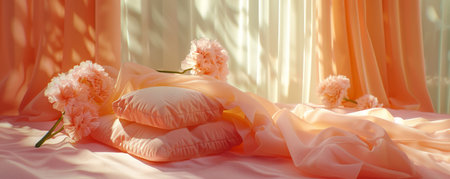 Escape into tranquility with this serene bedroom haven Soft peach pillows and drapes envelop you in a warm embrace, casting a gentle glow upon the room Natural light floods in, illuminating the calming atmosphere, creating an idyllic retreat for relaxation and rejuvenation This modern yet inviting space embodies the essence of tranquility, making it the perfect escape from the hectic pace of life AI Generativeの素材