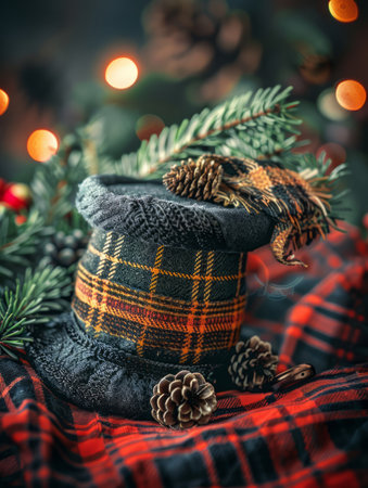 Celebrate the festive season with this inviting image of a cozy winter hat and tartan scarf resting on a plaid blanket The blanket is surrounded by pine cones and evergreen branches, evoking the scents and colors of a winter wonderland Warm, twinkling lights create a cozy and festive ambiance, making this photo perfect for capturing the spirit of the holidays AI Generativeの素材