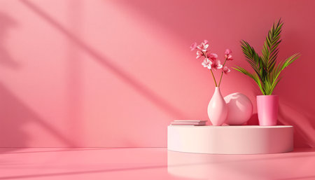 Capture the essence of tranquility in this serene pink room, where delicate hues meet nature&#39;s beauty An elegant vase filled with vibrant flowers stands tall, its intricate details complementing the room&#39;s modern aesthetic This harmonious blend of interior design and nature creates a calming atmosphere, inviting you to unwind and embrace the beauty of your surroundings AI Generativeの素材