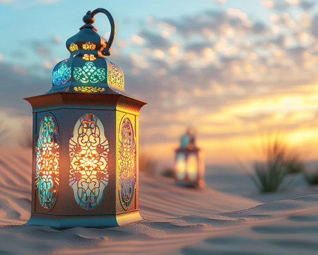 As the fiery hues of sunset cast an ethereal glow upon the serene desert landscape, exquisite lanterns glimmer into life, their intricate designs casting intricate shadows on the shifting sands Each lantern, a testament to craftsmanship and artistry, emanates a warm and inviting light, creating an oasis of tranquility amidst the vastness Their gentle glow, like celestial bodies descended to earth, illuminates the surrounding area, revealing the subtle beauty of the desert&#39;s flora and fauna Capturing the essence of peace and serenity, these lanterns transform the desert into a magical realm where nature&#39;s symphony unfolds under the caress of twilight AI Generativeの素材