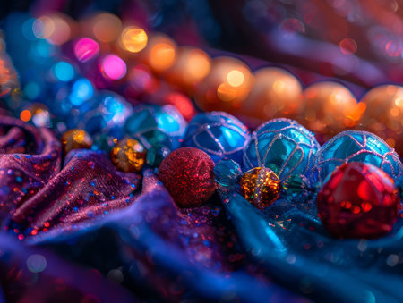 **Dazzling Holiday Splendor:**
Capture the enchanting ambiance of festive decorations up close Vibrant colors and twinkling lights ignite a magical atmosphere, evoking the joyous spirit of celebrations and seasonal festivities AI Generativeの素材