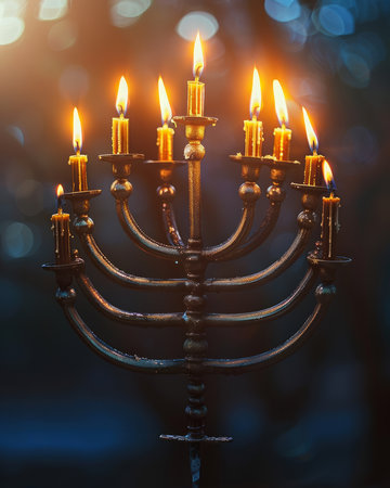 Behold the radiant nine-branched menorah, its candles casting a warm glow against the mystical night sky This symbol of the Jewish Festival of Lights embodies the miracle of oil, a testament to the resilience and faith of the Jewish people during their darkest times Let its luminous presence ignite the spirit of Hanukkah and guide you through the holiday season AI Generativeの素材