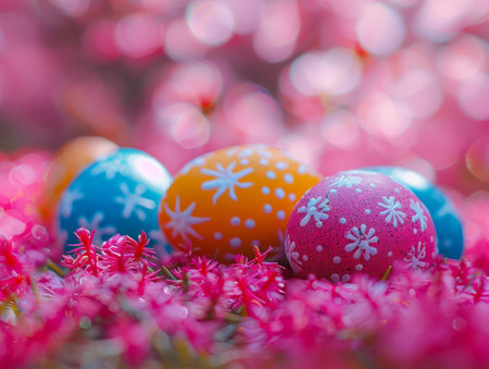 Celebrate the joy of Easter with this vibrant photo of colorful Easter eggs nestled amidst a bed of delicate pink flowers The bokeh background softly blurs the surroundings, enhancing the focus on the painted eggs and their cheerful hues This captivating image embodies the festive spirit of spring, making it an ideal decoration or backdrop for your Easter celebrations AI Generativeの素材