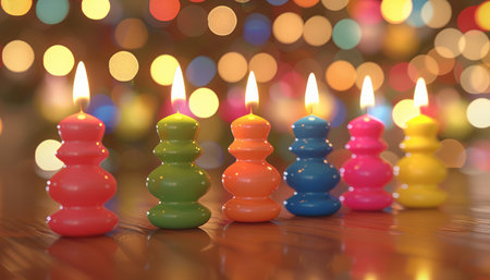 Vivid candles, arranged in a line, radiate a kaleidoscope of colors against a backdrop of twinkling bokeh lights The vibrant hues ignite a warm and celebratory ambiance, perfect for commemorating special occasions, holidays, and events Each candle&#39;s glow encapsulates the spirit of joy and festivity AI Generativeの素材