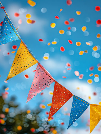 Capture the exuberant spirit of an outdoor celebration with vibrant bunting flags fluttering merrily in the azure sky A cascade of confetti, painted in a radiant palette, dances through the air, adding a touch of magic and joy to the festive atmosphere AI Generativeの素材