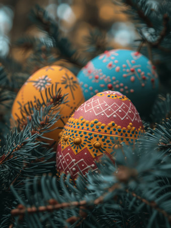 Capture the spirit of Easter with this vibrant still life Vividly painted eggs, adorned with intricate patterns, nestle amidst lush green pine tree branches The contrast between the radiant hues and the earthy greenery evokes a sense of joy and celebration Perfect for stock images, home decor, and festive greetings AI Generativeの素材