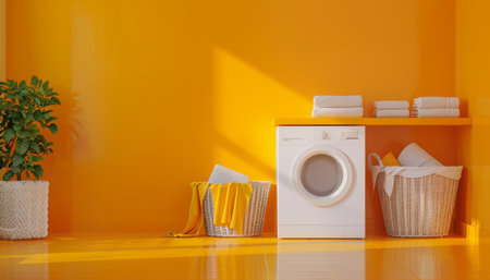 Invigorate your laundry routine with this vibrant orange laundry room The washing machine hums happily as fresh towels, neatly folded, await their turn Laundry baskets stand ready, adorned with cheerful patterns A lush plant adds a refreshing burst of greenery, creating a space that&#39;s as organized as it is uplifting AI Generativeの素材