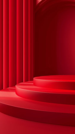 Immerse yourself in a captivating abstract realm where geometric forms dance in harmony against a vibrant red backdrop Minimalist steps ascend gracefully, forming a dynamic staircase that draws the eye upwards Curved arches add a touch of elegance, while vertical columns reinforce a sense of structure and stability This meticulously crafted 3D rendering exudes a modern and minimalistic aesthetic, making it an ideal choice for artistic expression and creative endeavors AI Generativeの素材