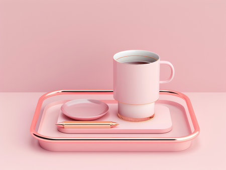 Indulge in a morning masterpiece with this elegant minimalist pink coffee cup atop a chic tray A delectable biscuit completes the aesthetic, creating an Instagram-worthy beverage setup that embodies sophistication and style Perfect for capturing those serene morning moments and making your coffee breaks a feast for the eyes AI Generativeの素材