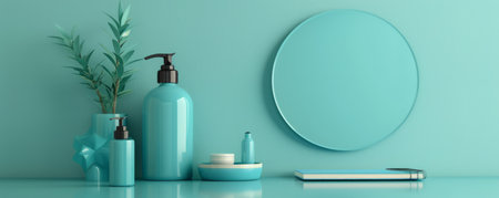 Step into a tranquil sanctuary where teal accents dance harmoniously against a minimalist backdrop A round mirror reflects the calming greenery nestled on a floating shelf, creating an illusion of spaciousness The serene atmosphere invites you to pause and rejuvenate in the lap of modern elegance AI Generativeの素材