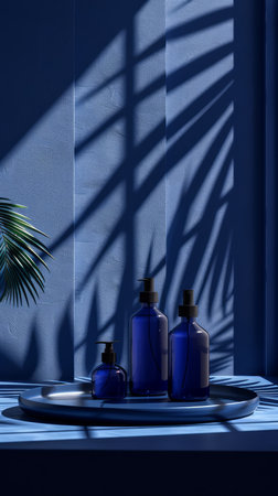 Discover a serene oasis with &quot;Serenity in Blue&quot; Blue bottles gracefully cast shadows over a palm leaf pattern, creating a luxurious and tranquil ambiance The sunlit blue background evokes a calming coastal allure, perfect for elevating home decor with a touch of serenity AI Generativeの素材