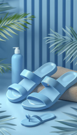 Escape into tranquility with this serene spa scene Dip into azure waters beneath lush leaves, as comfortable sandals invite you to unwind Surrounded by an array of skincare products, immerse yourself in a soothing sanctuary designed to rejuvenate your body and mind Let the calming hues and natural elements transport you to a realm of relaxation and renewal AI Generativeの素材