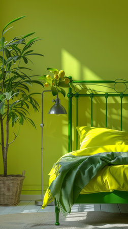 Step into a serene haven where emerald hues embrace sunlight, casting a warm glow upon an inviting metal bed frame Lush indoor plants oxygenate the air, while vibrant linens in shades of green and white invigorate the space The result is a cozy and refreshing ambiance that invites relaxation and tranquility AI Generativeの素材