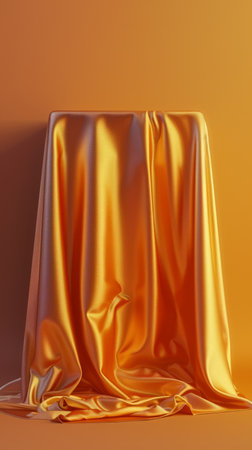 Opulent golden orange silk cascades over a table or object, forming a luxurious drape that exudes elegance and grandeur The warm background complements the vibrant hue of the fabric, creating a captivating visual experience Soft, flowing lines and intricate folds capture the essence of luxury and invite viewers to indulge in the splendor of this extraordinary textile AI Generativeの素材