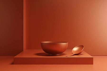 Capture the essence of minimalism with this monochromatic still life photograph A deep, rust-colored bowl is paired with a sleek spoon, set against a structured geometrical backdrop The stark contrast of the rust hue against the neutral surroundings creates a striking visual composition The simplicity and clean lines evoke a sense of tranquility and harmony AI Generativeの素材