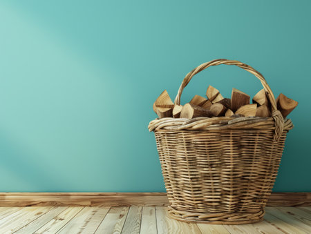 Indulge in the serenity of this tranquil space, where a calming turquoise wall envelops a cozy wooden floor adorned with a basket of firewood This serene escape provides a haven of comfort and tranquility, inviting you to embrace mindful moments and create a home that nurtures your well-being AI Generativeの素材