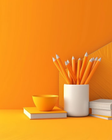 An array of freshly sharpened pencils in a sleek white container, a neatly arranged pile of books, and an elegant bowl coalesce to create an aesthetically pleasing and functional workspace The vibrant orange hue of the pencils and the clean lines of the container and books evoke a sense of vibrancy and order, fostering a conducive environment for creativity and productivity AI Generativeの素材