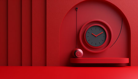 Introducing the epitome of modern minimalism: a striking red clock that seamlessly blends contemporary design with timeless style Its bold red hue commands attention, while geometric accents lend an air of sophistication The clean lines and uncluttered aesthetic create a harmonious balance that elevates any space Experience timekeeping in its most refined and captivating form AI Generativeの素材