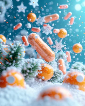 Immerse yourself in a mesmerizing winter wonderland where vibrant orange capsules float effortlessly amidst snow-laden trees This surreal digital art captures the essence of a magical winter scene, inviting you to embrace its enchanting atmosphere The vibrant hues and ethereal snow create a whimsical tapestry, transporting you to a place of wonder and enchantment AI Generativeの素材