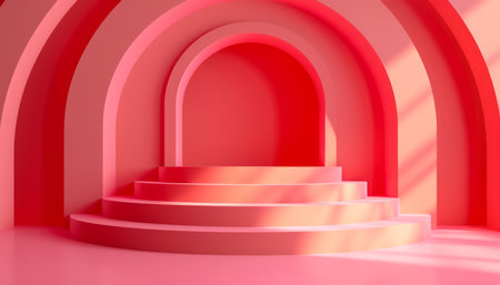 Immerse yourself in the captivating realm of geometric abstraction with this captivating 3D render A vibrant pink archway curves gracefully, creating an ethereal pathway into a realm of soft shadows and clean lines The minimalist design evokes a sense of tranquility and invites contemplation, inviting the viewer to explore the depths of its architectural beauty AI Generativeの素材