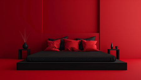 Step into a serene and striking modern bedroom where the bold beauty of black and red takes center stage A sleek black bed commands attention, complemented by vibrant red pillows that add an unexpected pop of color Minimalist decor keeps the focus on the essentials, creating a clean and inviting space that exudes contemporary style and sophistication This vibrant red room interior design is perfect for those who appreciate both comfort and aesthetics, promising a restful night&#39;s sleep surrounded by the vibrant energy of modern design AI Generativeの素材