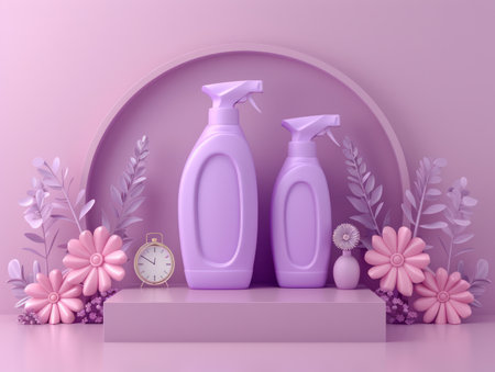 Elevate your home decor and cleaning routine with these charming purple cleaning spray bottles Sporting blooming botanicals and a classic vintage clock, they&#39;re a stylish solution to keep every nook and cranny spotless Their soft pink hues bring a touch of flair to shelves, adding a delicate accent to your home&#39;s ambiance AI Generativeの素材
